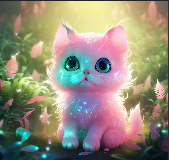 Sparkle, a fluffy pink kitten with big sparkly eyes, sitting in a glowing garden
